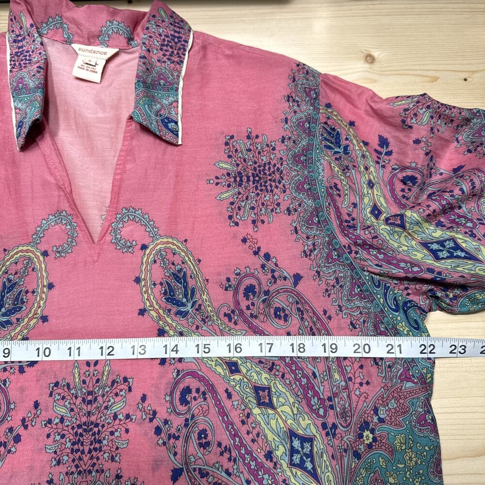Sundance Silk Top Womens S Pink Green Floral V-Neck Collared Preppy - Picture 5 of 9